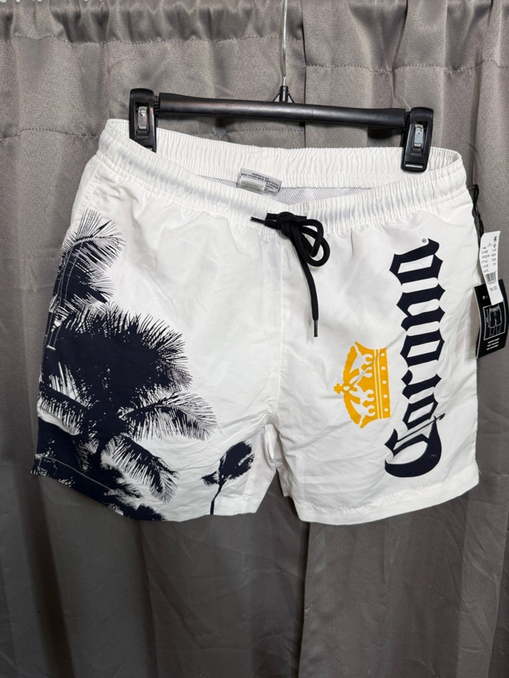 Corona White Swim Shorts with Navy Palm Print and Yellow Crown